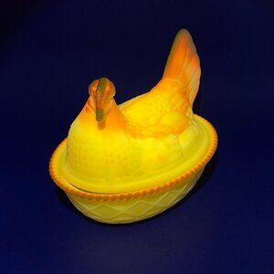 Mosser Rosso Glass HON Hen on Nest Dandelion Yellow Lid Woven Basket Glows 7'